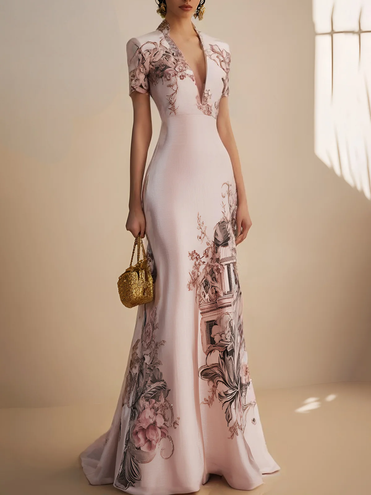 Beige Classic Floral Deep V Neck Short Sleeve Mermaid Gown Dress