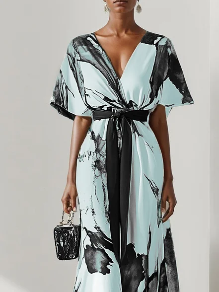 Blue Classic Floral V Neck Short Sleeve A-Line Maxi Dress