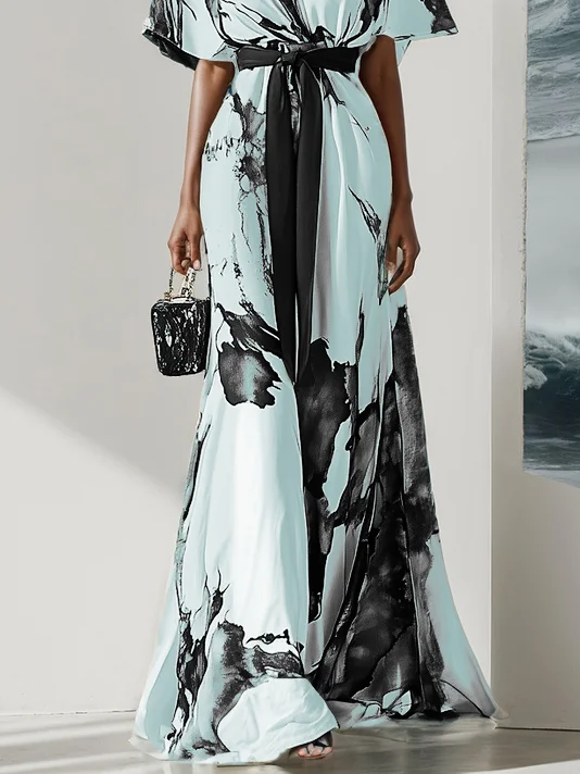 Blue Classic Floral V Neck Short Sleeve A-Line Maxi Dress