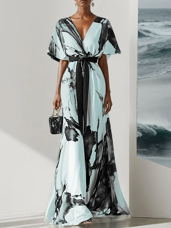 Blue Classic Floral V Neck Short Sleeve A-Line Maxi Dress