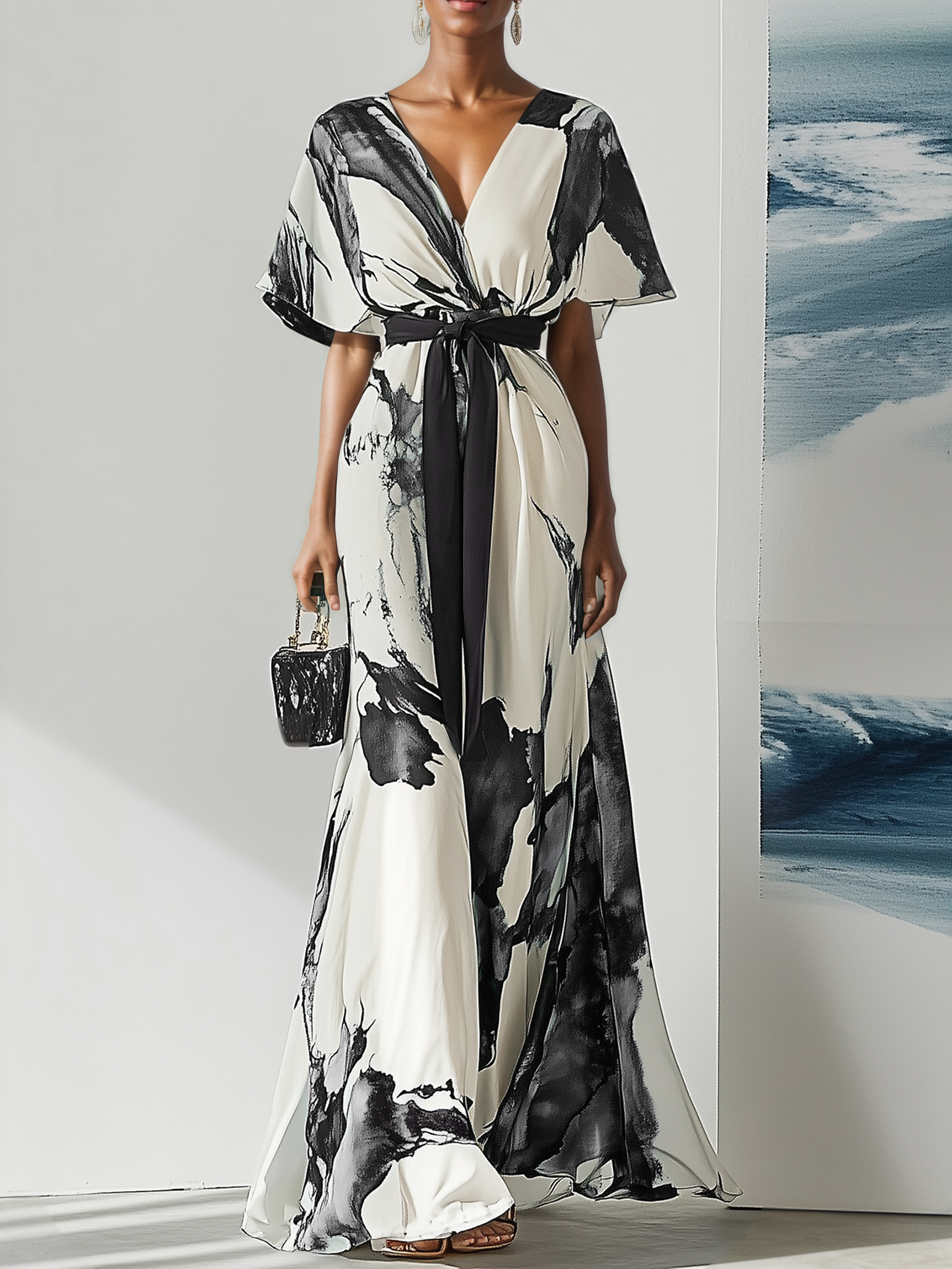 Blue Classic Floral V Neck Short Sleeve A-Line Maxi Dress