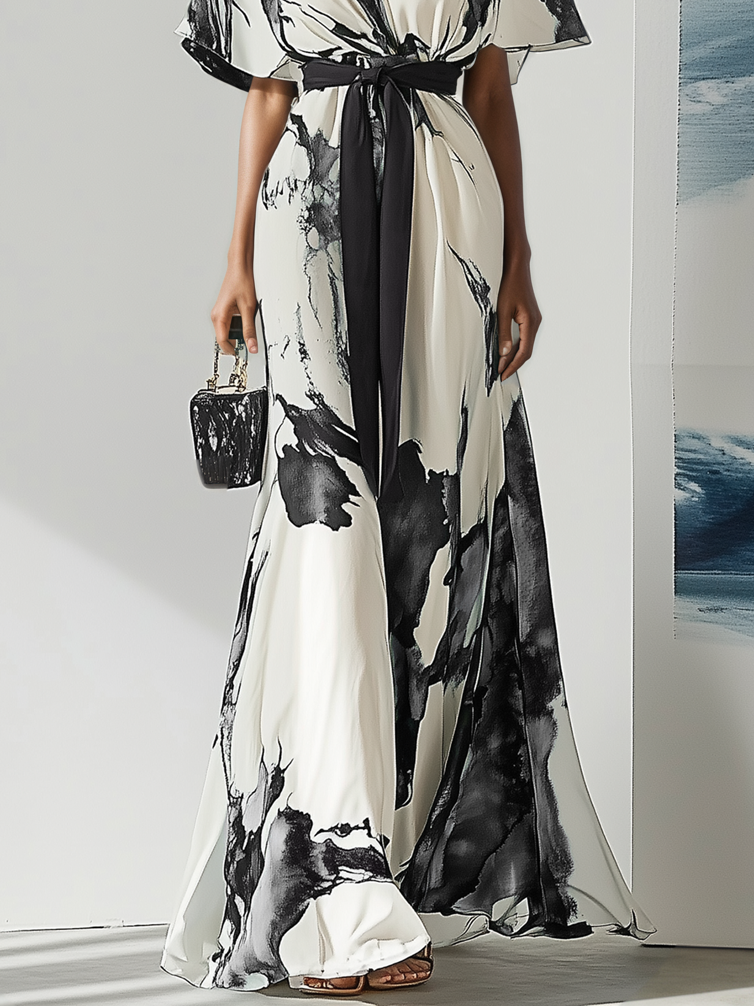 Blue Classic Floral V Neck Short Sleeve A-Line Maxi Dress