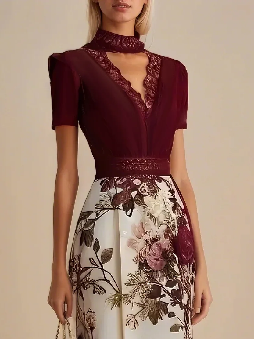 Wine Red Lace Floral Classic V Neck Short Sleeve A-Line Maxi Dress