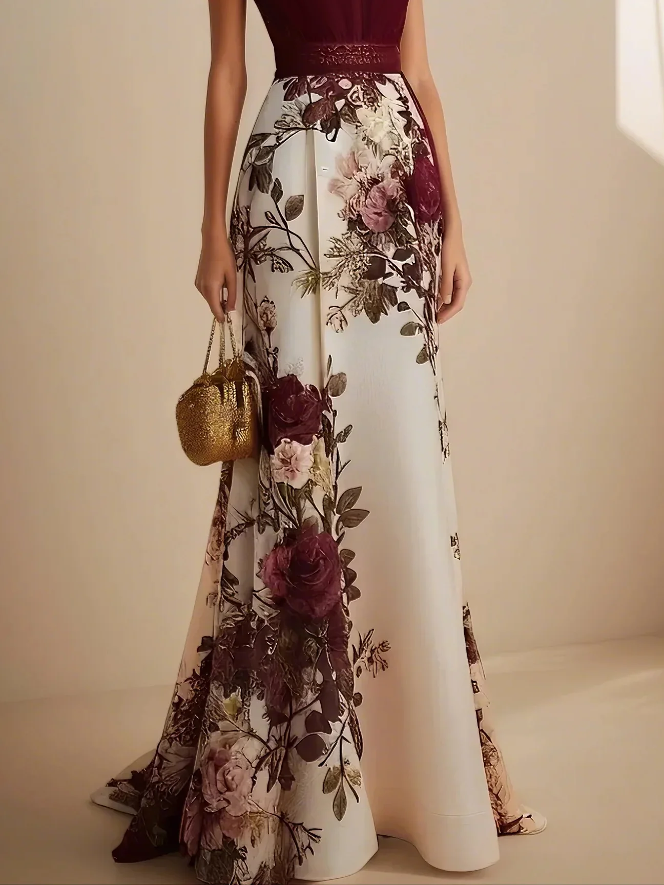 Wine Red Lace Floral Classic V Neck Short Sleeve A-Line Maxi Dress