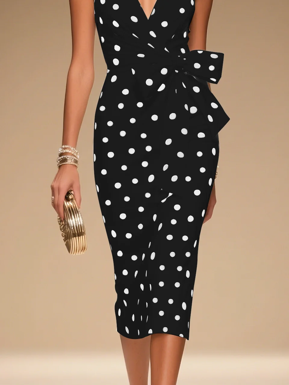 White Bow Classic V Neck Sleeveless Sheath Midi Dress