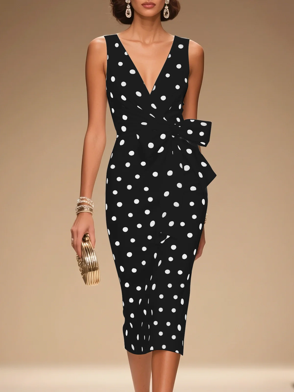 White Bow Classic V Neck Sleeveless Sheath Midi Dress