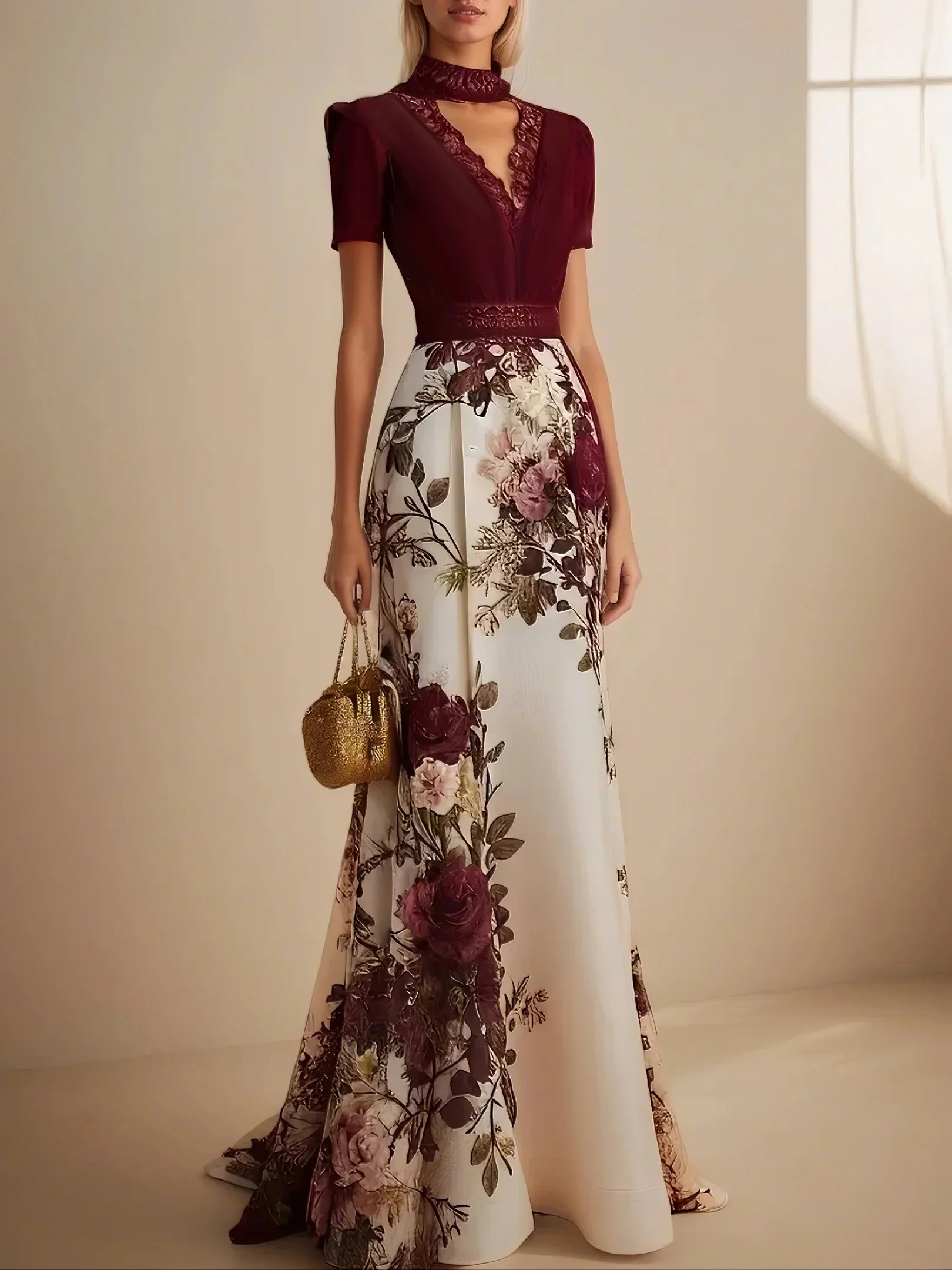 Wine Red Lace Floral Classic V Neck Short Sleeve A-Line Maxi Dress