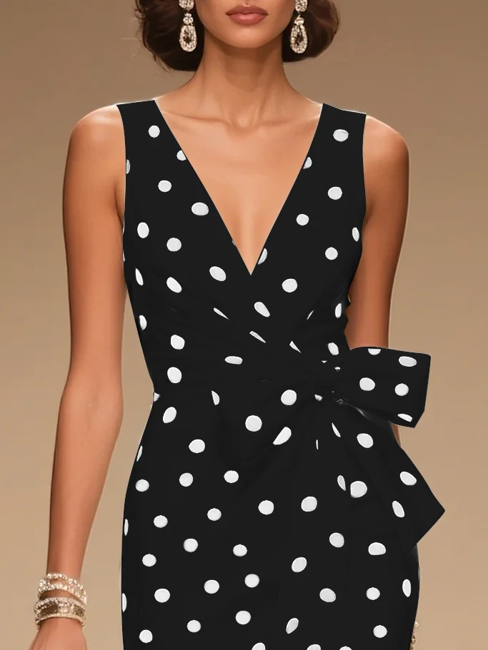 White Bow Classic V Neck Sleeveless Sheath Midi Dress