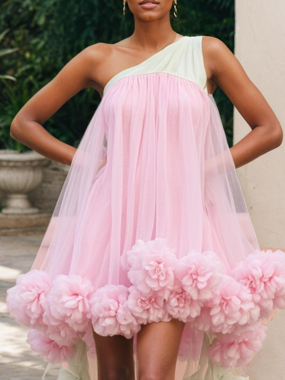 Pink 3D Floral Classic One Shoulder Sleeveless A-Line Midi Dress