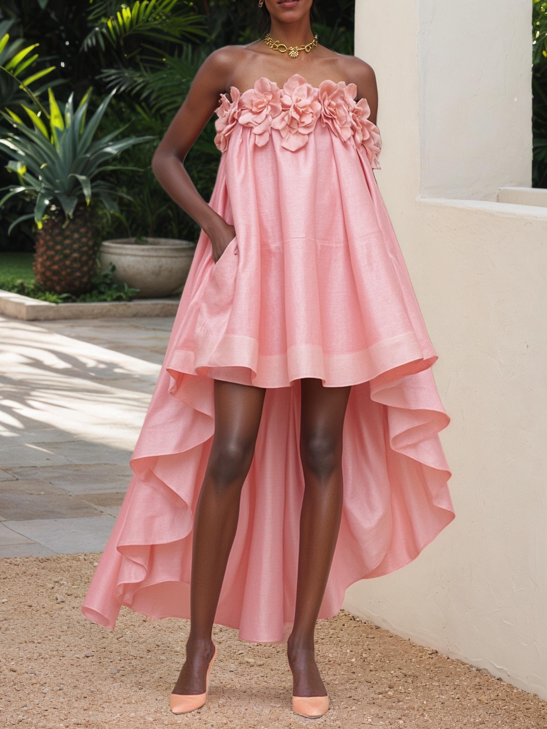 Pink 3D Floral Asymmetric Classic Strapless Sleeveless A-Line Midi Dress