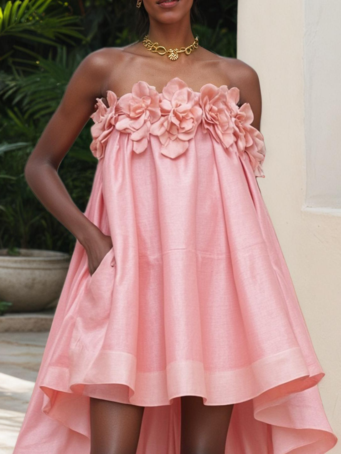 Pink 3D Floral Asymmetric Classic Strapless Sleeveless A-Line Midi Dress