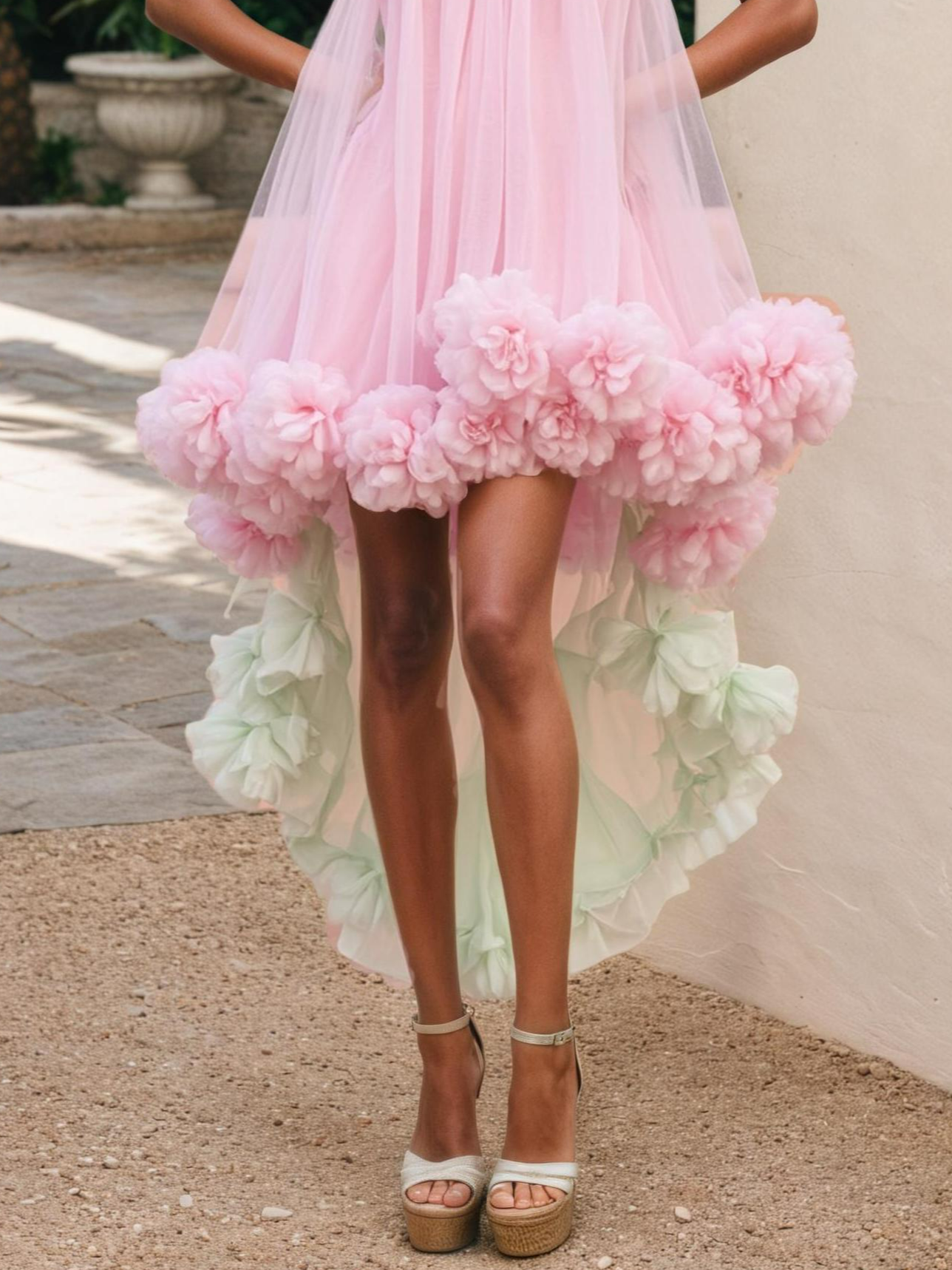 Pink 3D Floral Classic One Shoulder Sleeveless A-Line Midi Dress