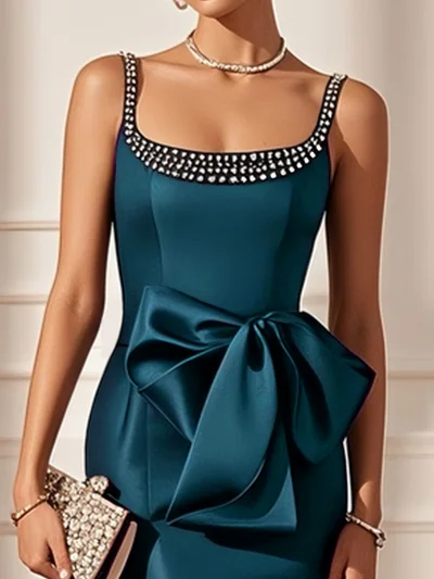 Purplish Blue Hotfix Embellished Bow Classic Crew Neck Sleeveless Sheath Midi Dress