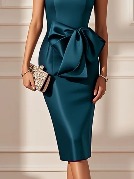 Purplish Blue Hotfix Embellished Bow Classic Crew Neck Sleeveless Sheath Midi Dress