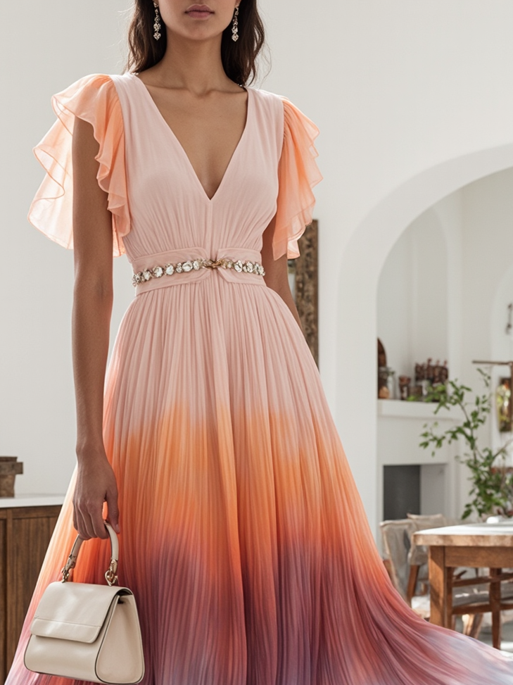 Orange Rhinestone Pleated Chiffon V Neck Sleeveless Ruffle Sleeve A-Line Maxi Dress