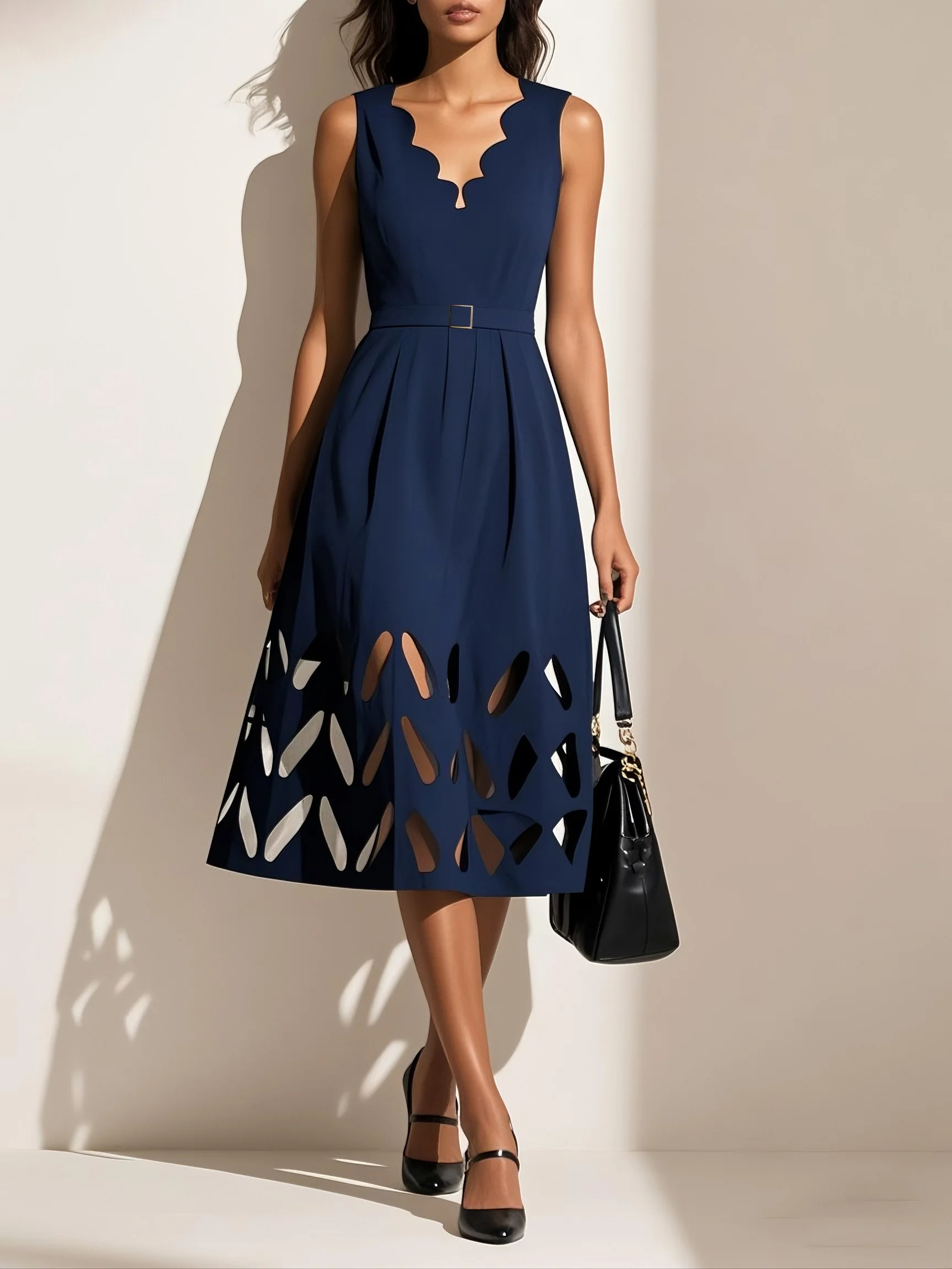 Black Devore Classic V Neck Sleeveless A-Line Midi Dress