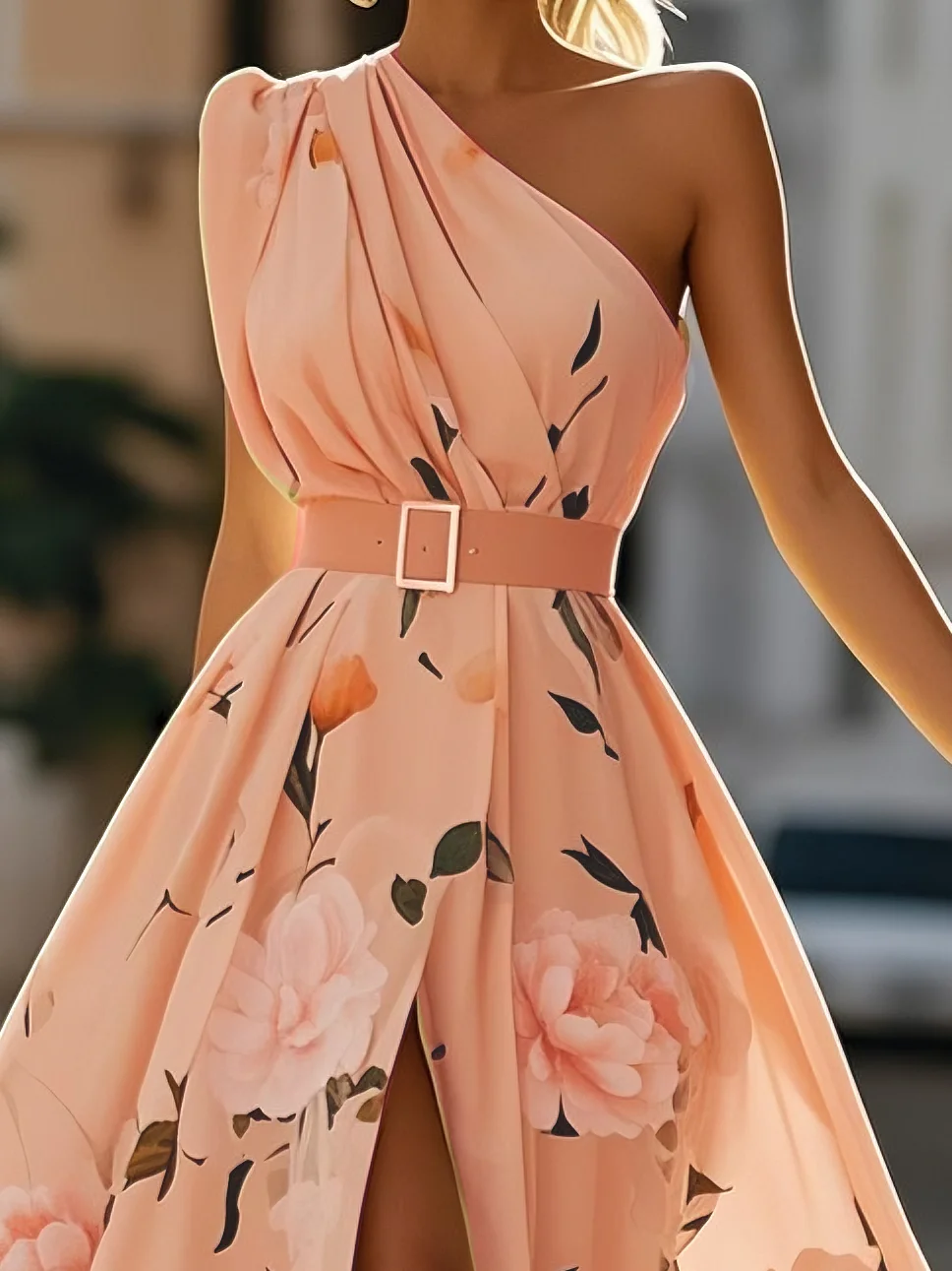 Light Green Floral Ruched One Shoulder A-Line Maxi Chiffon Dress