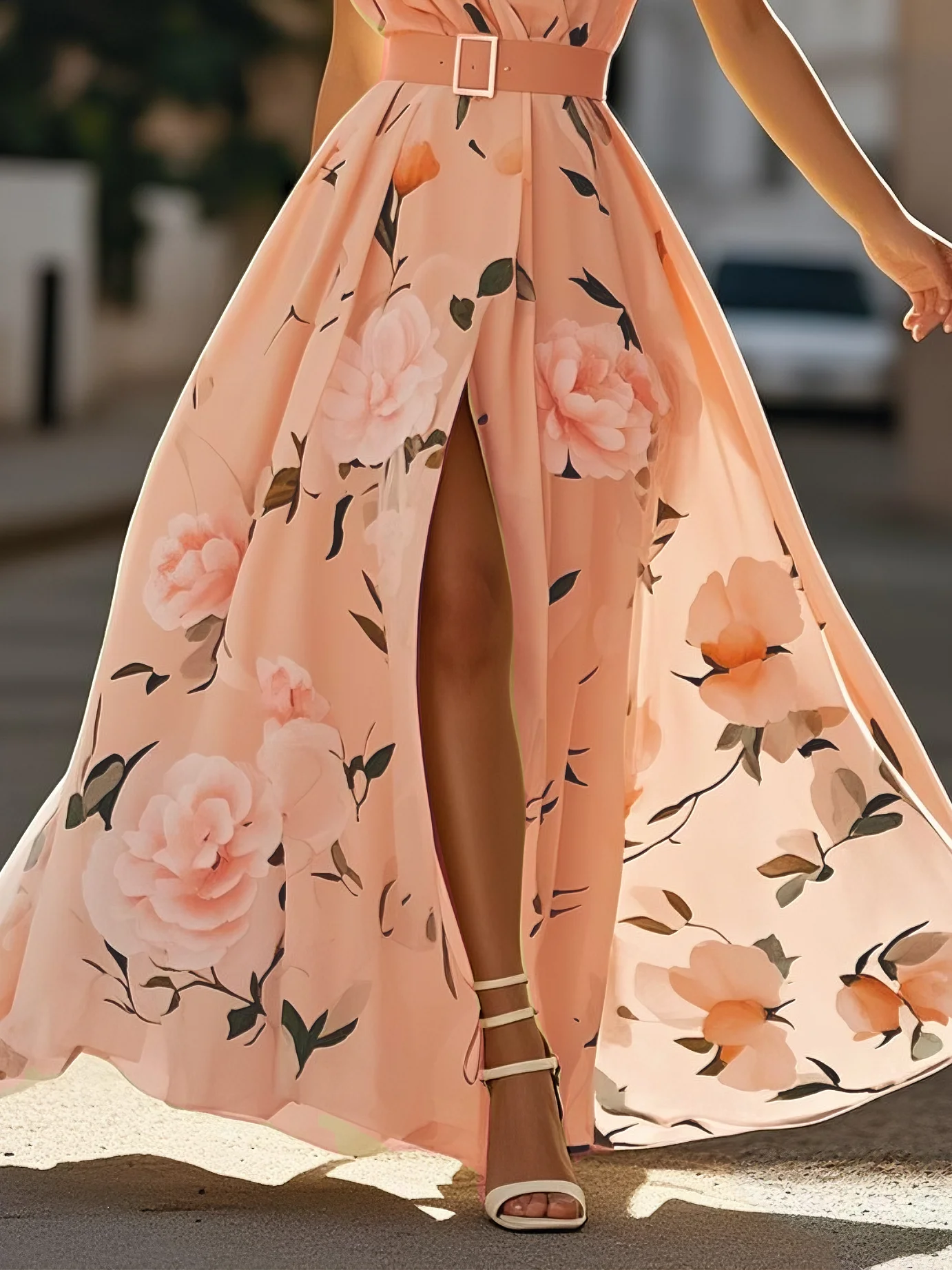 Light Green Floral Ruched One Shoulder A-Line Maxi Chiffon Dress