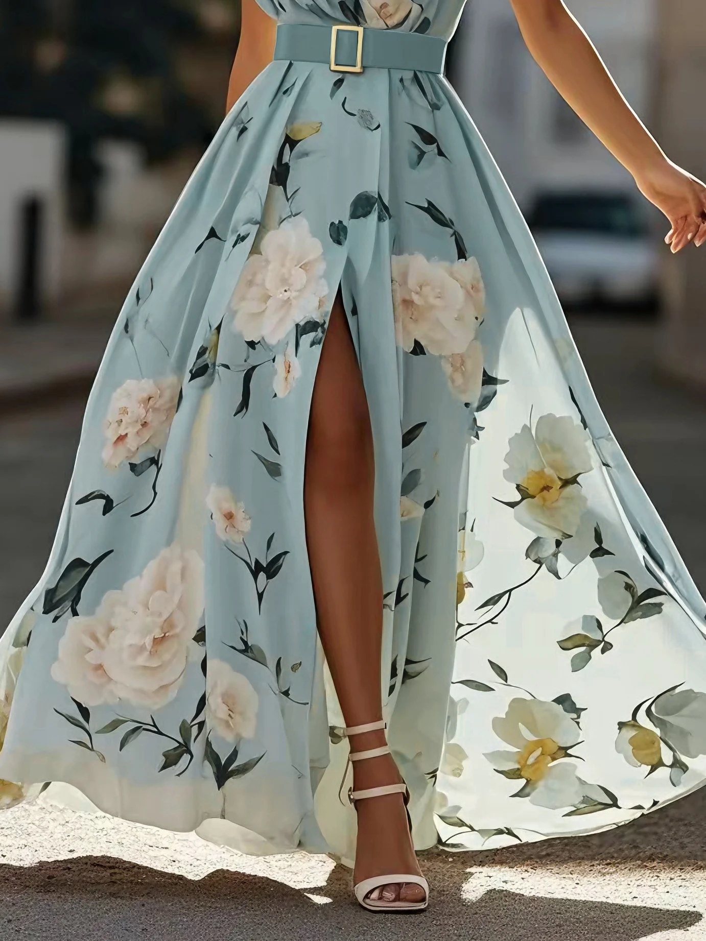 Light Green Floral Ruched One Shoulder A-Line Maxi Chiffon Dress