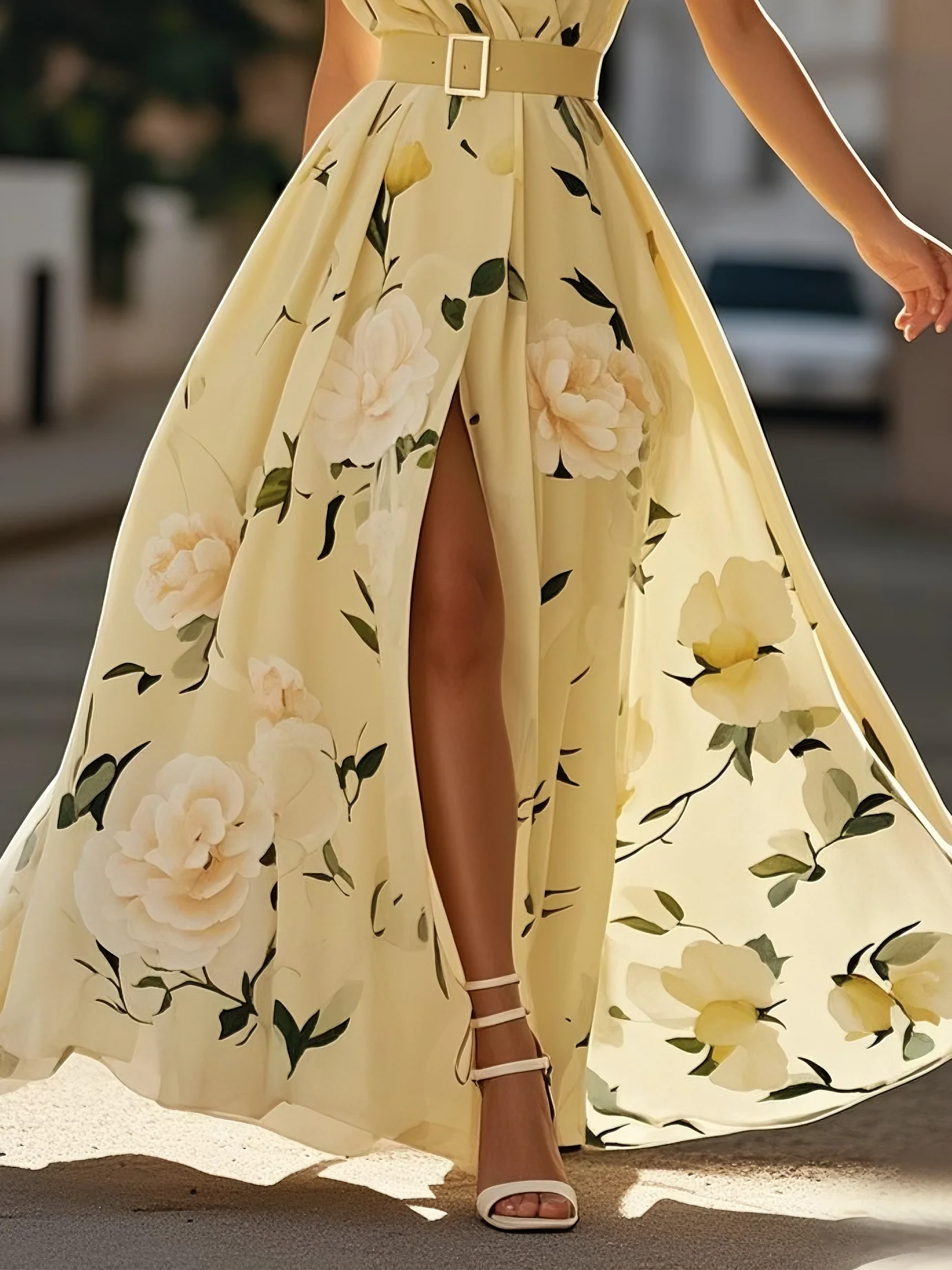 Light Green Floral Ruched One Shoulder A-Line Maxi Chiffon Dress
