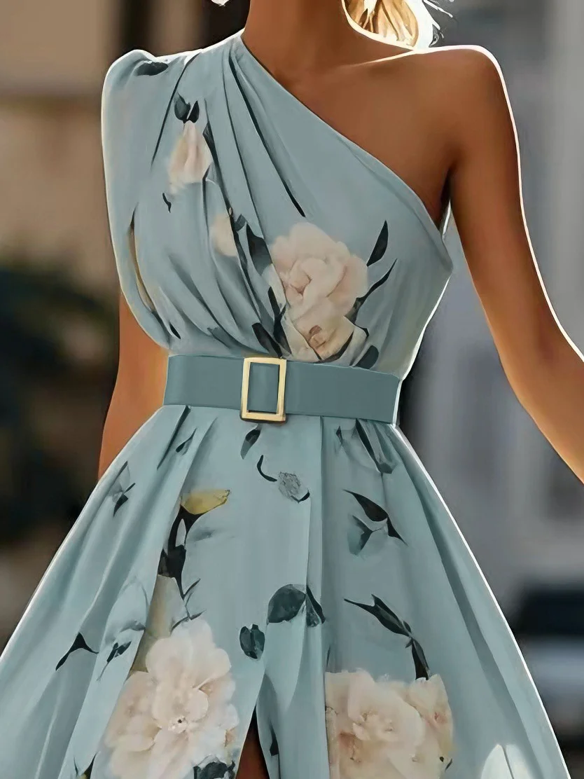 Light Green Floral Ruched One Shoulder A-Line Maxi Chiffon Dress