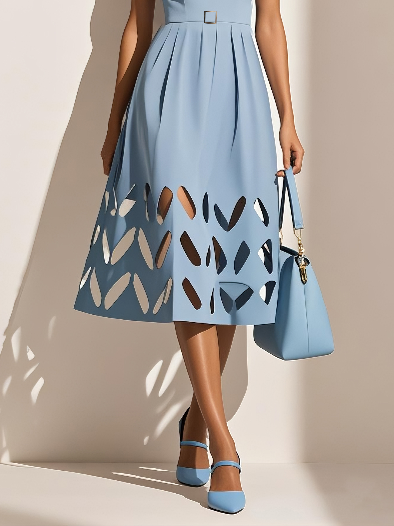 Black Hollow Out Classic V Neck Sleeveless A-Line Midi Dress With Pockets