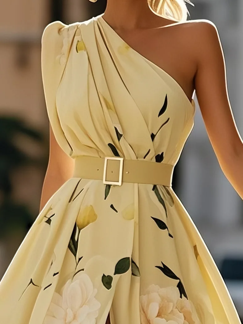 Light Green Floral Ruched One Shoulder A-Line Maxi Chiffon Dress