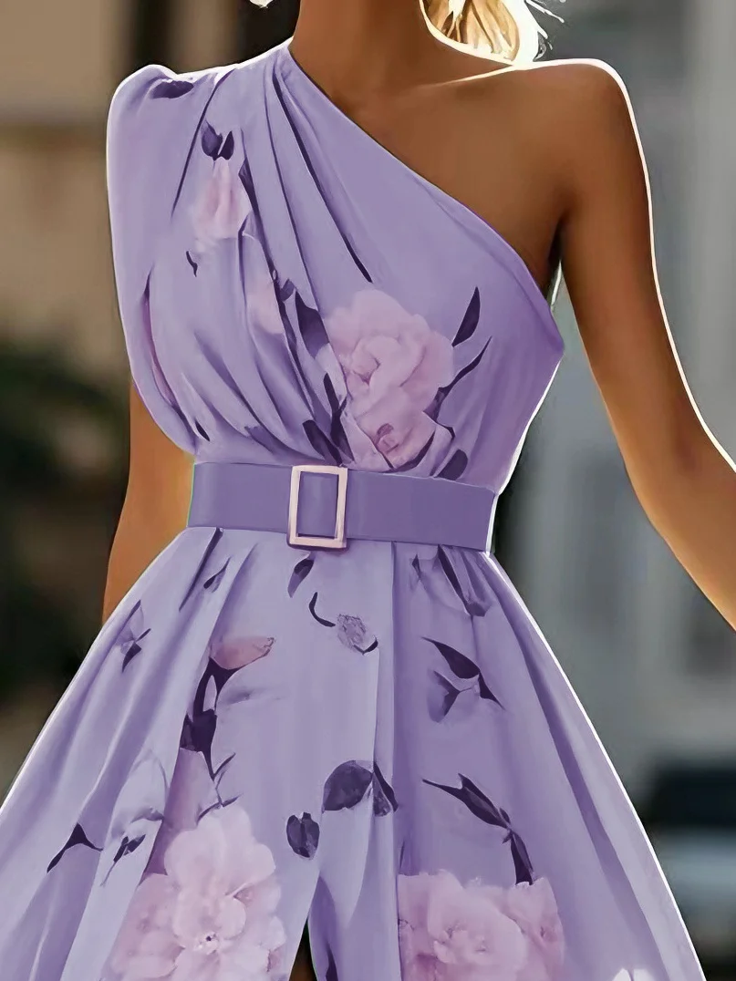 Light Green Floral Ruched One Shoulder A-Line Maxi Chiffon Dress