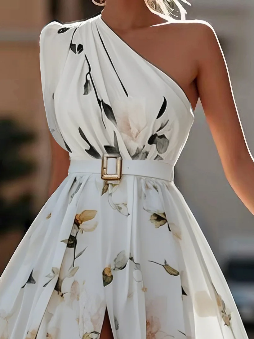Light Green Floral Ruched One Shoulder A-Line Maxi Chiffon Dress