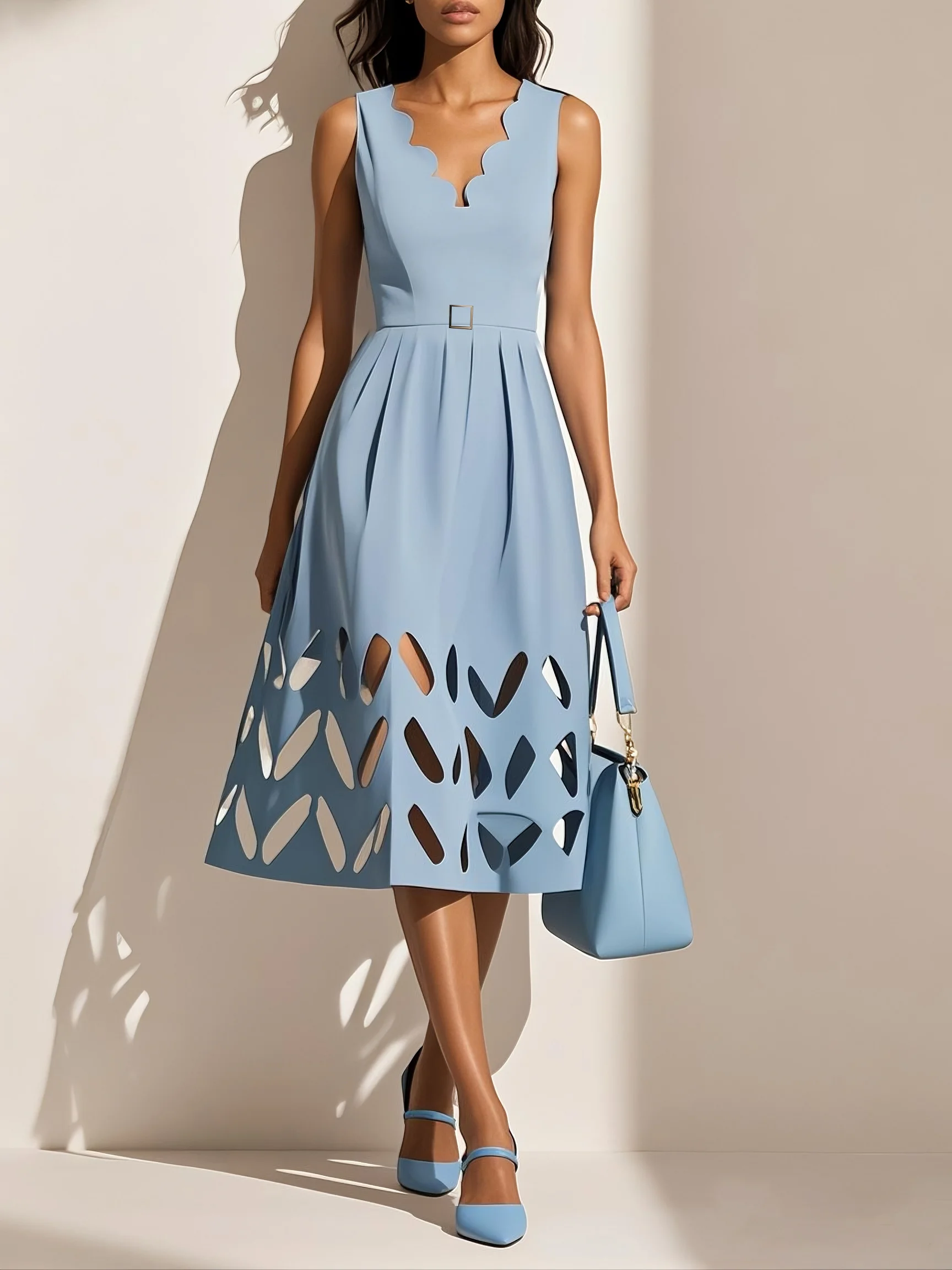 Black Hollow Out Classic V Neck Sleeveless A-Line Midi Dress With Pockets