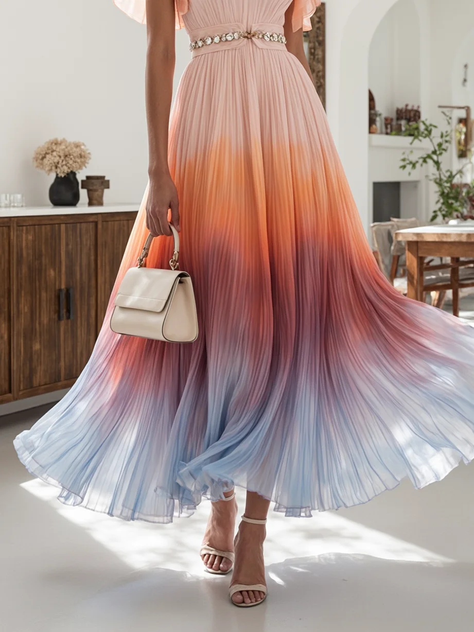 Orange Rhinestone Pleated Chiffon V Neck Sleeveless Ruffle Sleeve A-Line Maxi Dress