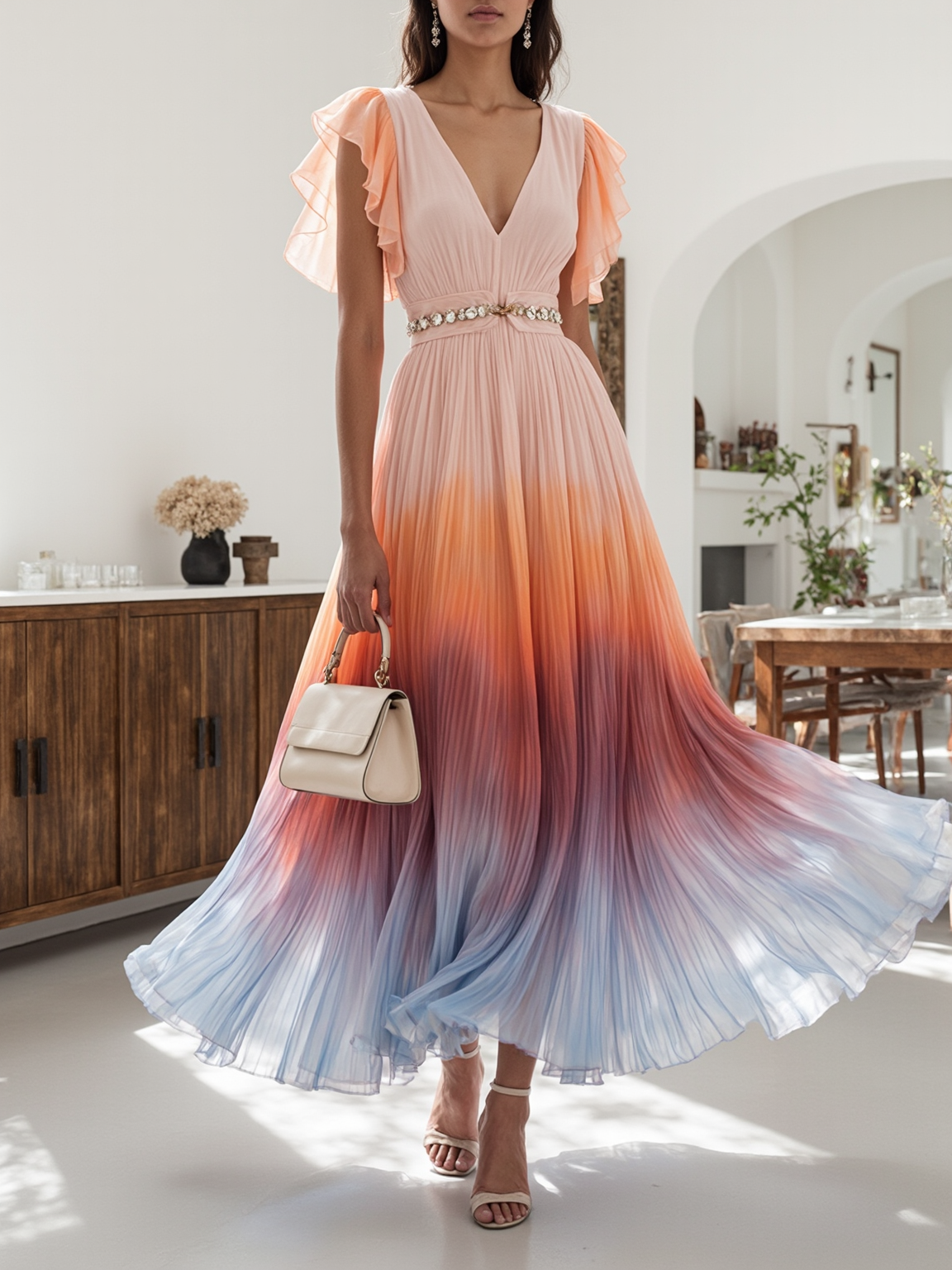 Orange Rhinestone Pleated Chiffon V Neck Sleeveless Ruffle Sleeve A-Line Maxi Dress
