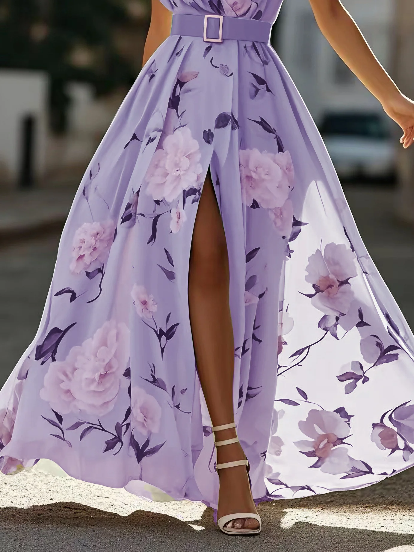 Light Green Floral Ruched One Shoulder A-Line Maxi Chiffon Dress