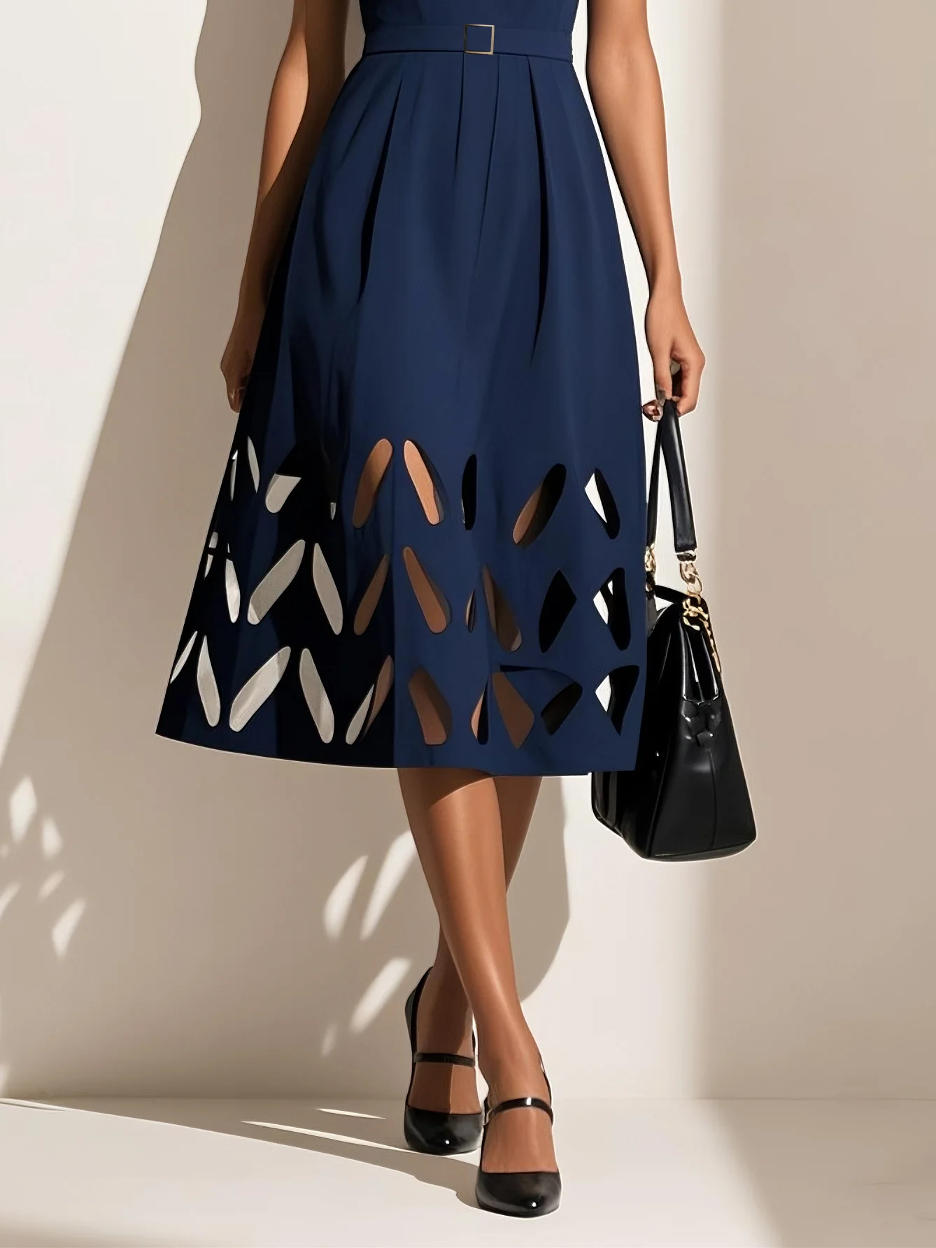 Black Devore Classic V Neck Sleeveless A-Line Midi Dress
