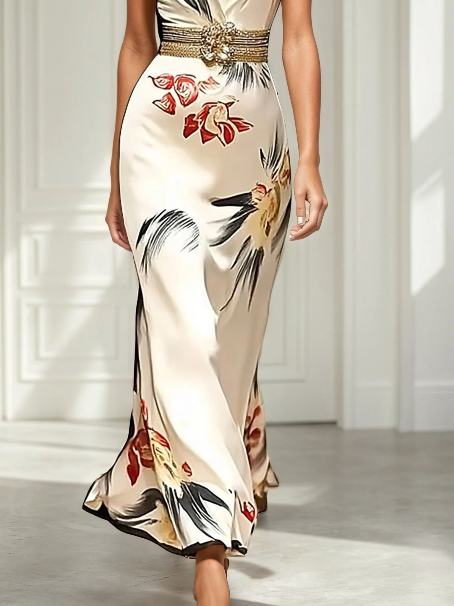 White Floral Satin V Neck Sleeveless A-Line Maxi Dress