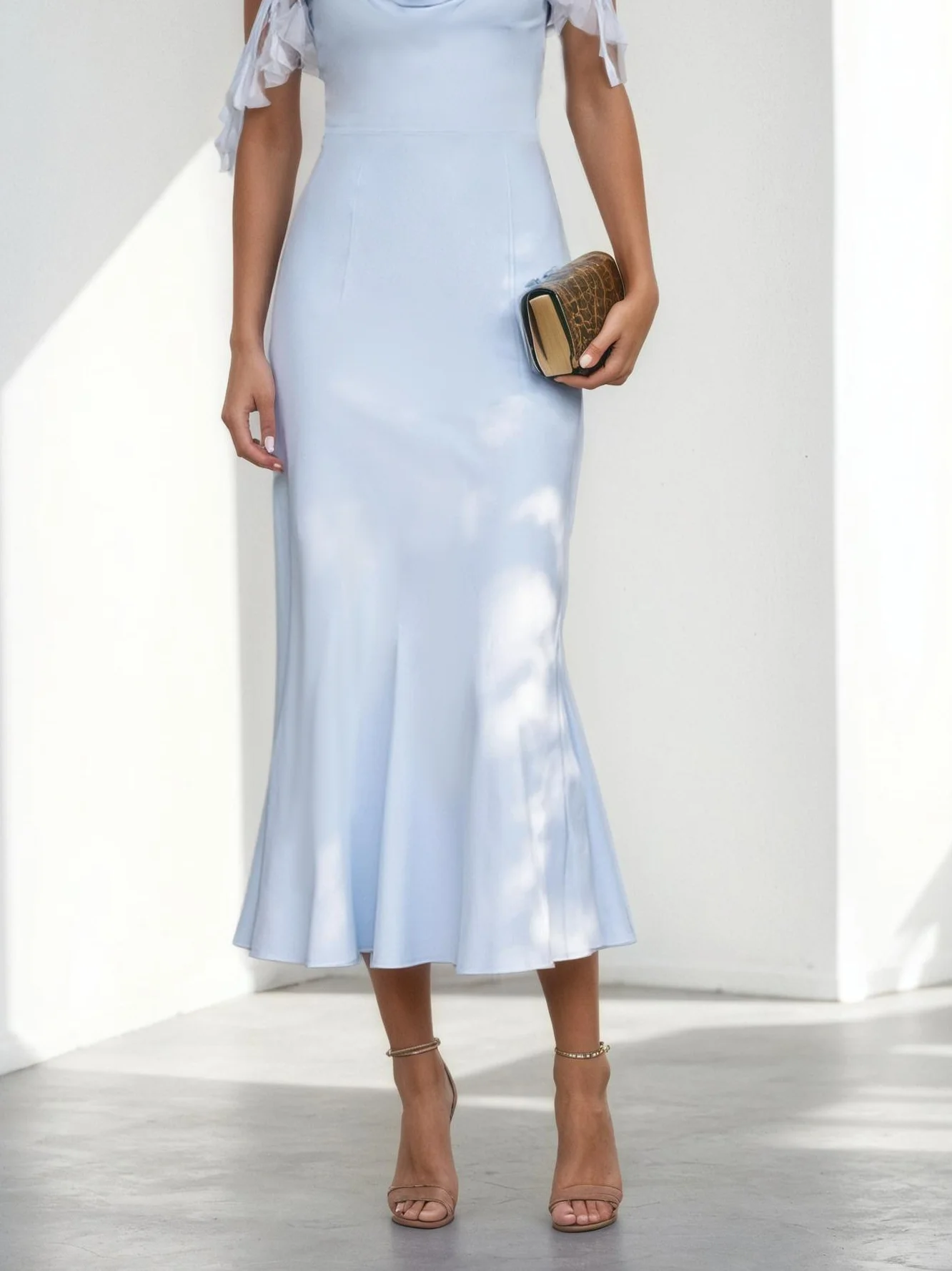Blue Ruffled 3D Floral Satin Cowl Neck Sleeveless Mermaid Midi Dress