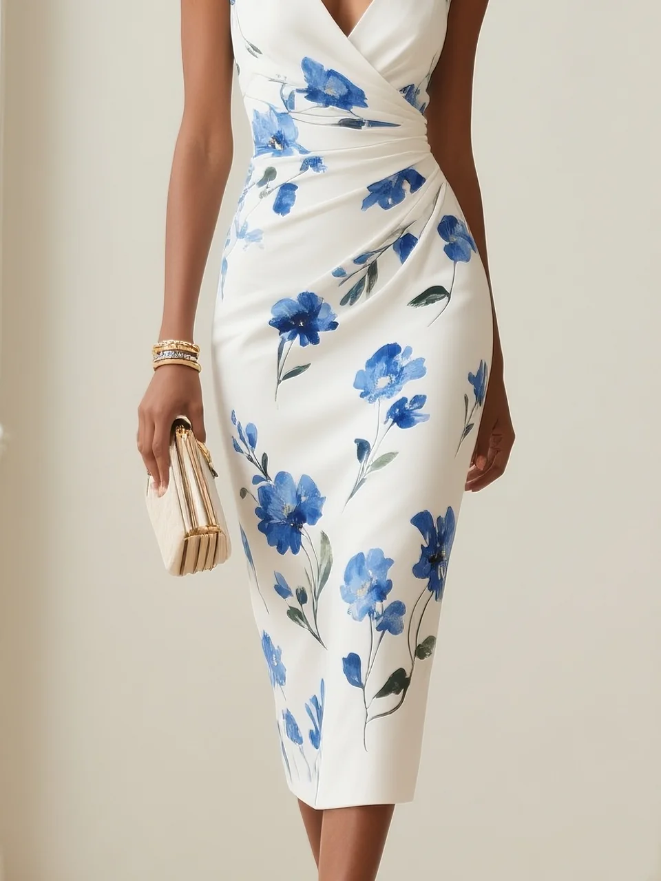 White Floral Classic V Neck Sleeveless Sheath Midi Dress