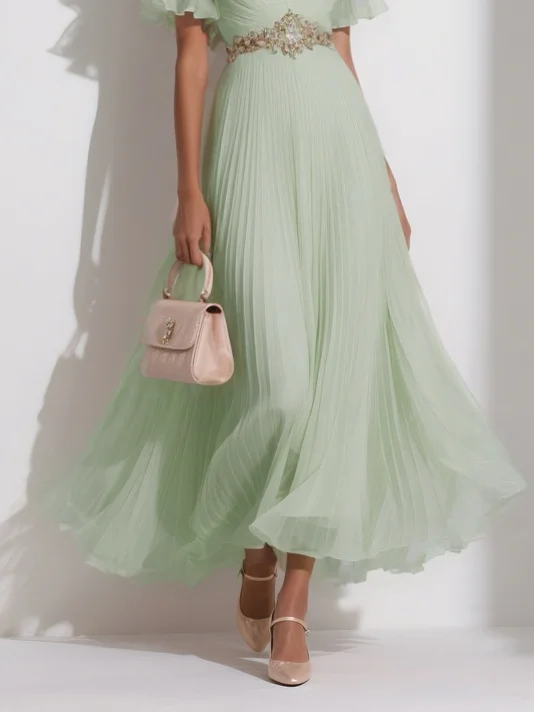 Pink Pleated Rhinestone Chiffon V Neck Short Sleeve Ruffle Sleeve A-Line Maxi Dress