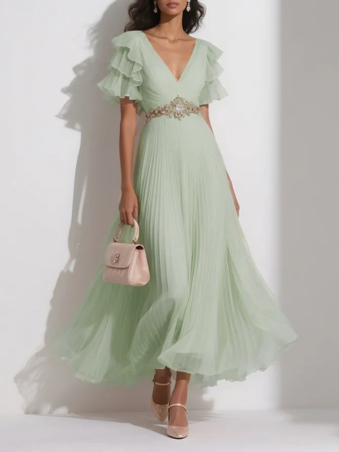 Pink Pleated Rhinestone Chiffon V Neck Short Sleeve Ruffle Sleeve A-Line Maxi Dress