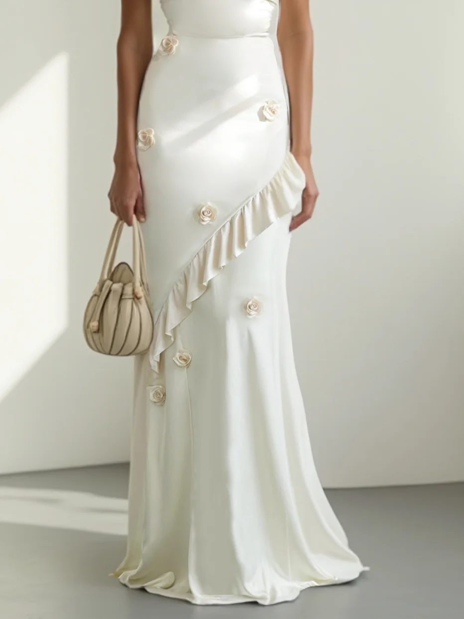 Off White Ruffled 3D Floral Satin Cowl Neck Short Sleeve Mermaid Gown Dress