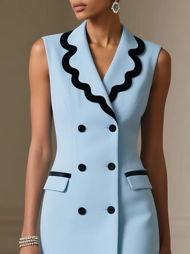 Light Blue Piping Blazer Lapel Collar Sleeveless Sheath Midi Dress
