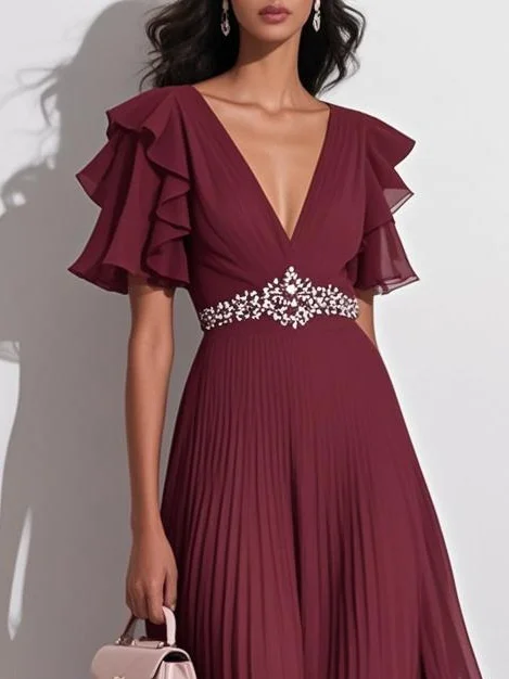 Pink Pleated Rhinestone Ruffle Sleeve A-Line Maxi Chiffon Dress