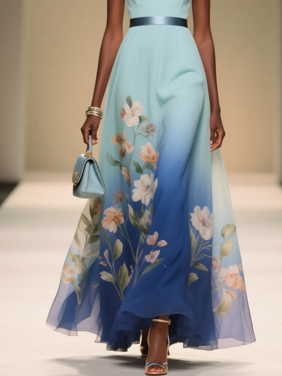 Light Blue Floral Chiffon V Neck Sleeveless A-Line Midi Dress