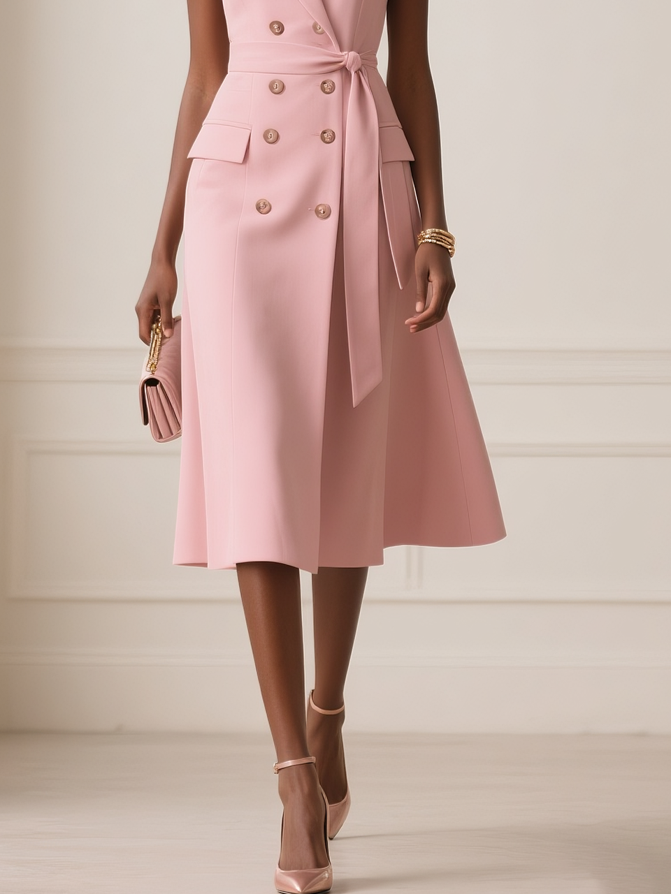Pink Buckle Blazer Lapel Collar Sleeveless A-Line Midi Dress