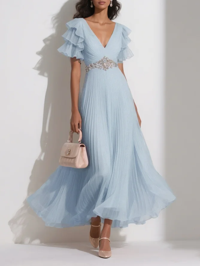Pink Pleated Rhinestone Ruffle Sleeve A-Line Maxi Chiffon Dress