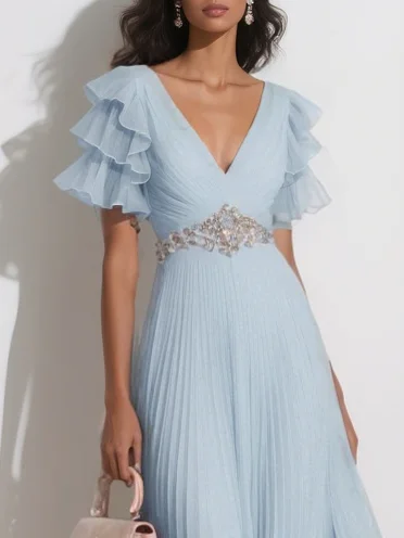 Pink Pleated Rhinestone Ruffle Sleeve A-Line Maxi Chiffon Dress