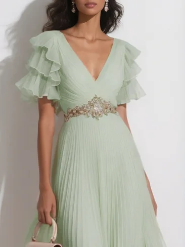 Pink Pleated Rhinestone Chiffon V Neck Short Sleeve Ruffle Sleeve A-Line Maxi Dress