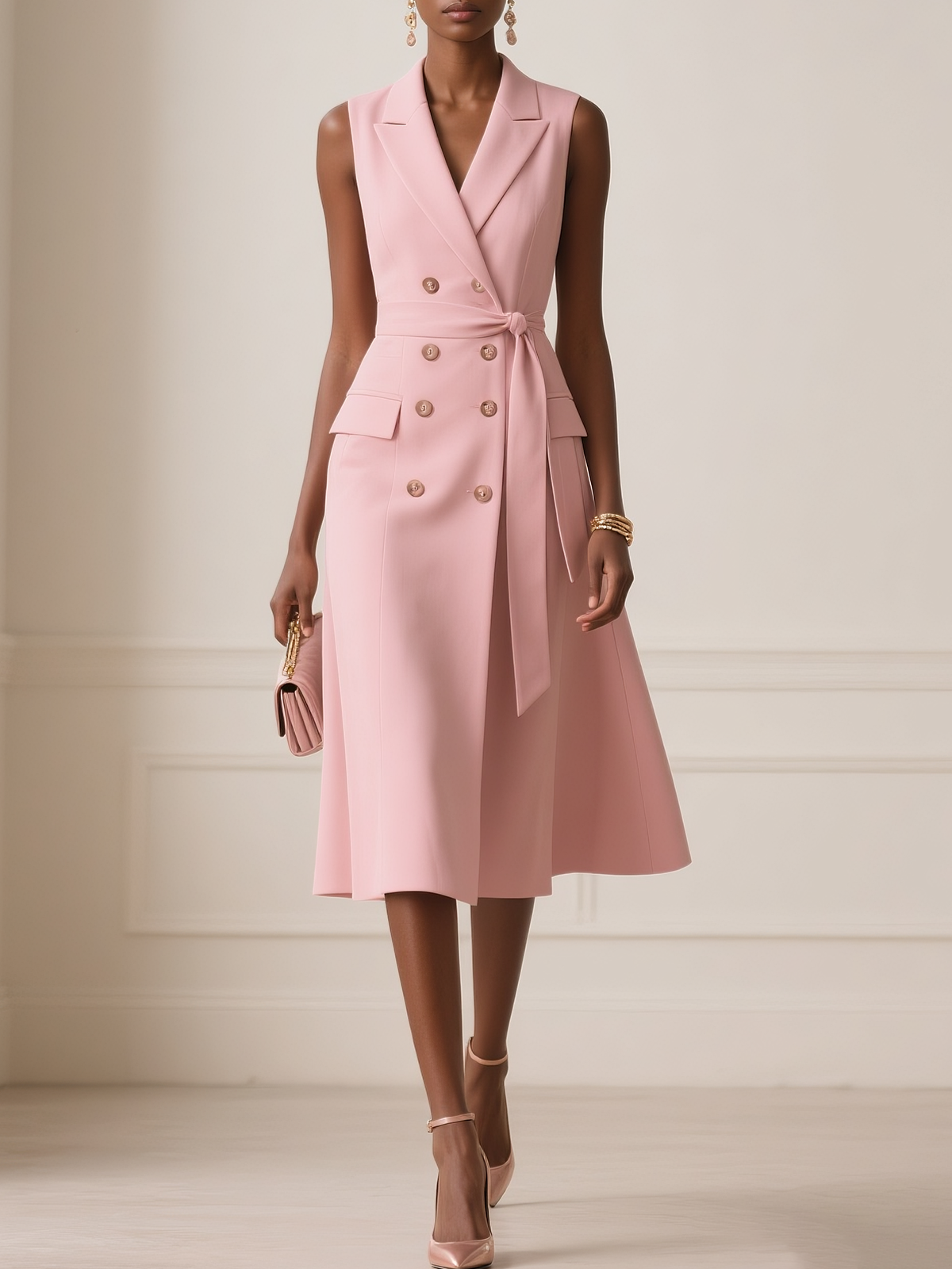 Pink Buckle Blazer Lapel Collar Sleeveless A-Line Midi Dress