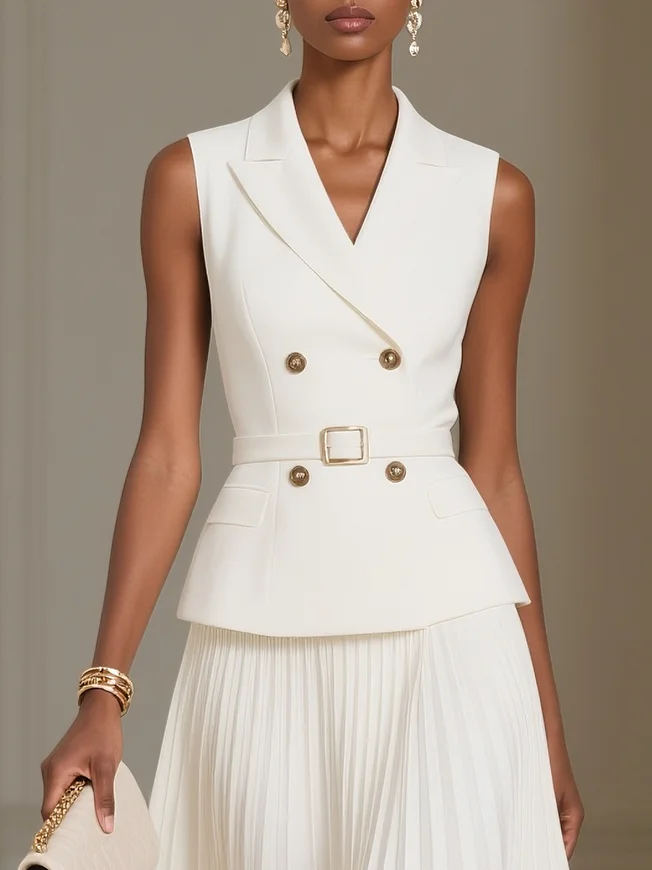Women White Pleated Buckle Lapel Collar Sleeveless Two-Piece Set
