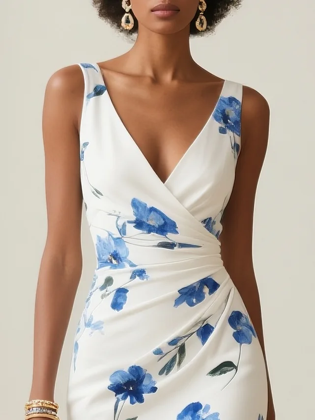 White Floral Classic V Neck Sleeveless Sheath Midi Dress